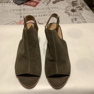 Olive Green Suede Peep-Toe Slingback Heels Leather Upper